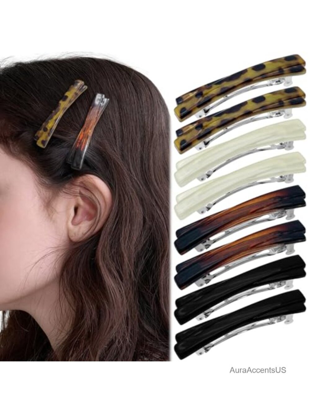 French Barrette Hair Clips for Women Tortoise Shell 8 Pack Strong Hold No Slip